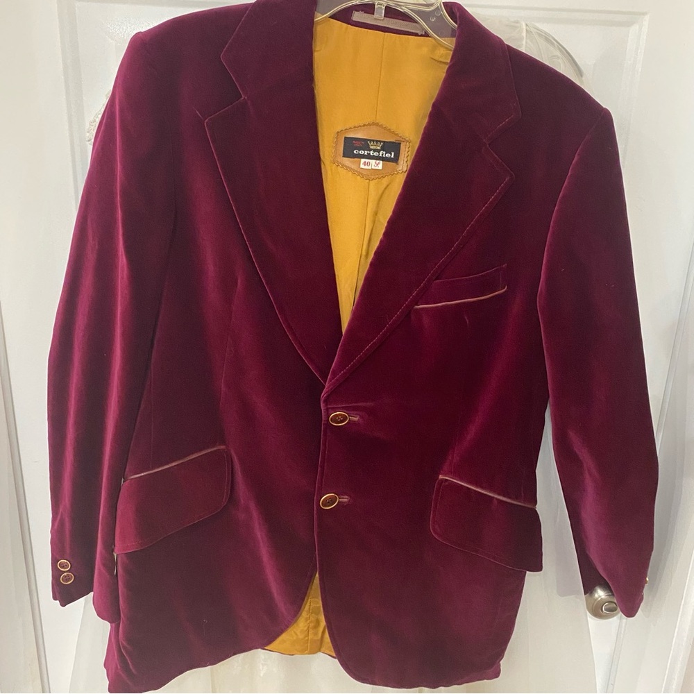 Cortefiel Men’s VTG Smoking Dinner Jacket Burgundy Velvet Blazer Spain Size 40L
